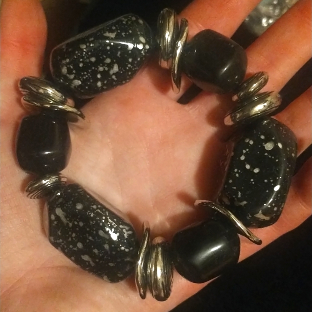 3X! PAPARAZZI Large black, blue & peach silver beaded slip on stretch bracelets - Picture 11 of 13